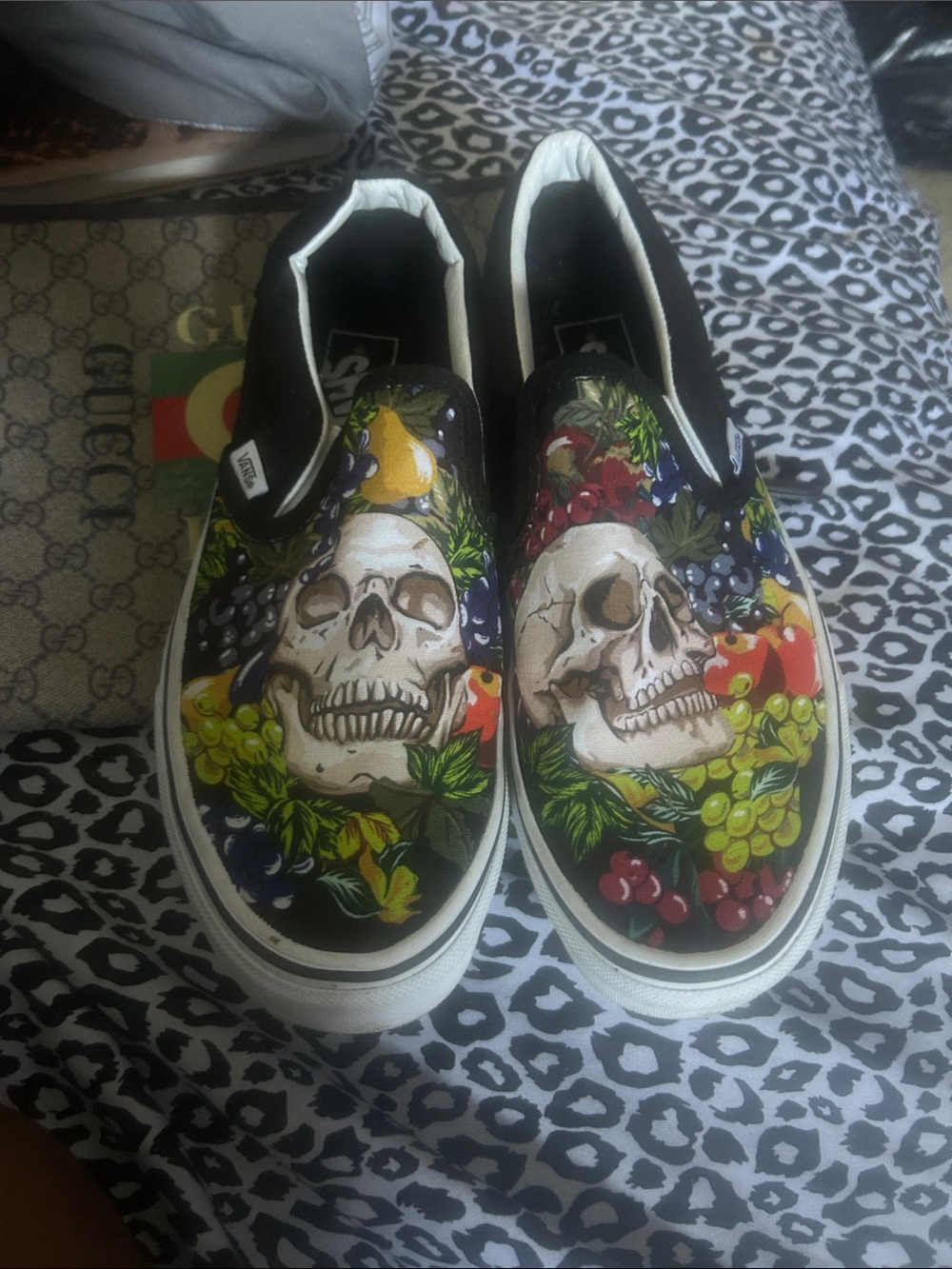 Vans Black Slip-On Loafers with Colorful Skull & Fruit Print